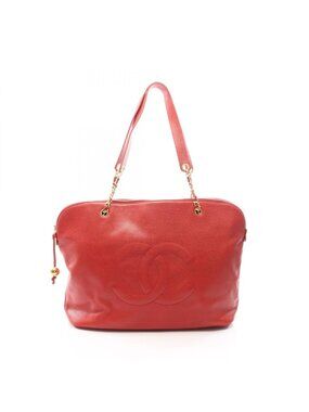 Chanel Tote Big CC Logo Red Caviar Leather Jumbo CC Coco Ball Chain